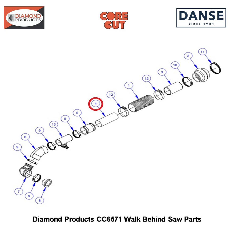 Air Intake Tube 2-1/2"OD X 7" Long 6019249 Fits Core Cut CC6571 Walk Behind Saw By Diamond Products