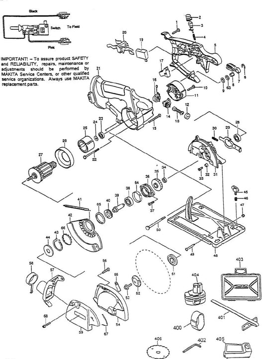 5046DWD Cordless Circular Saw assembly parts By Makita