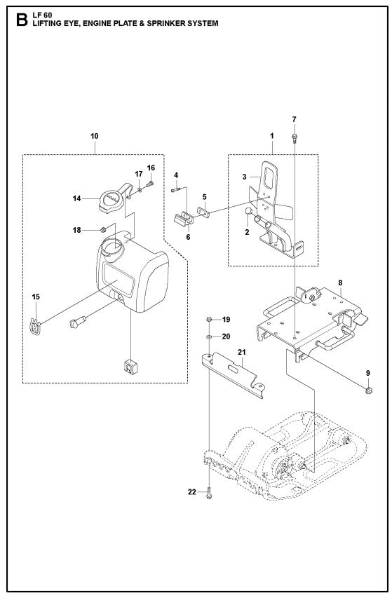 Lifting Eye, Engine Plate And Sprinker System Assembly Parts For LF 60 LAT By Husqvarna
