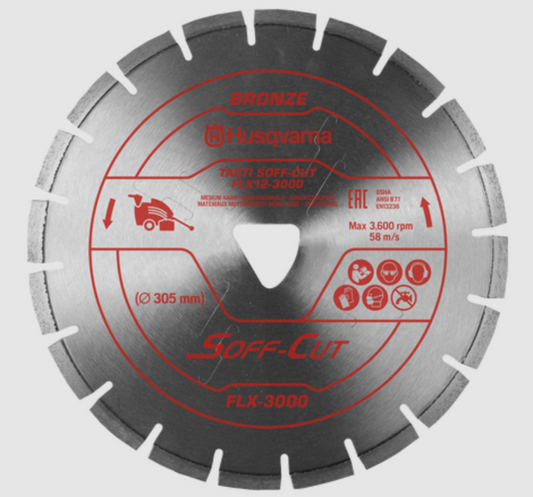 Husqvarna TACTI SOFF-CUT FLX-3000 red diamond blade with skid plate for medium to hard aggregate and medium abrasive sand