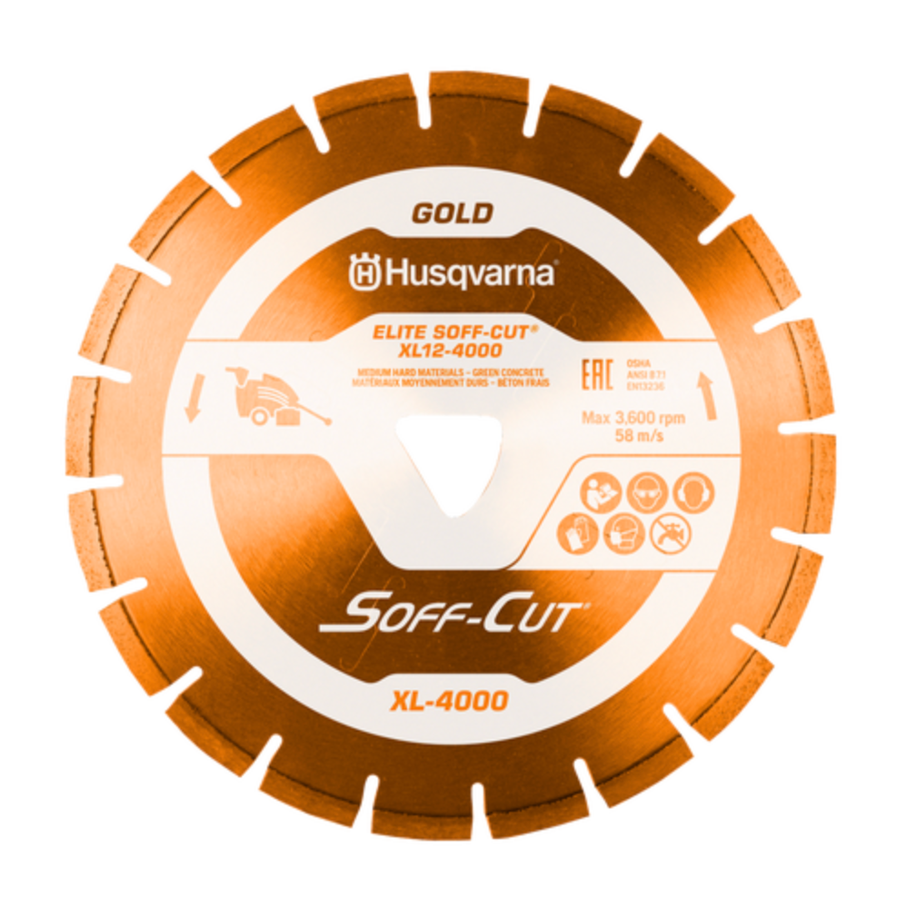 Husqvarna ELITE SOFF-CUT XL-4000 orange diamond blade with skid plate for medium aggregate green concrete