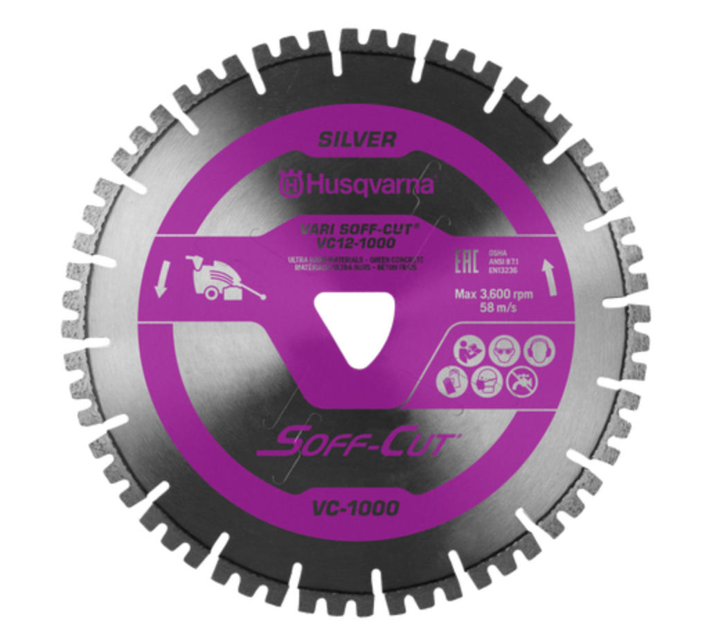 Husqvarna VARI SOFF-CUT VC-1000 purple diamond blade with skid plate for ultra-hard aggregate green concrete