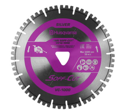 Husqvarna VARI SOFF-CUT VC-1000 purple diamond blade with skid plate for ultra-hard aggregate green concrete