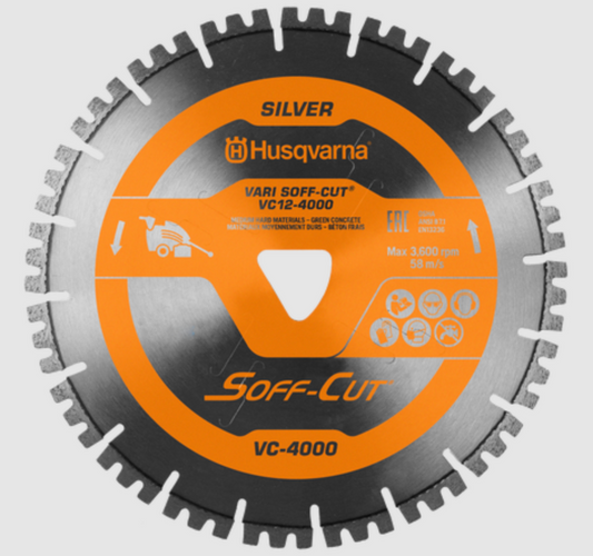 Husqvarna 587669001 VARI SOFF-CUT VC-4000 6 inch orange diamond blade with skid plate for medium to soft aggregate and abrasive sand