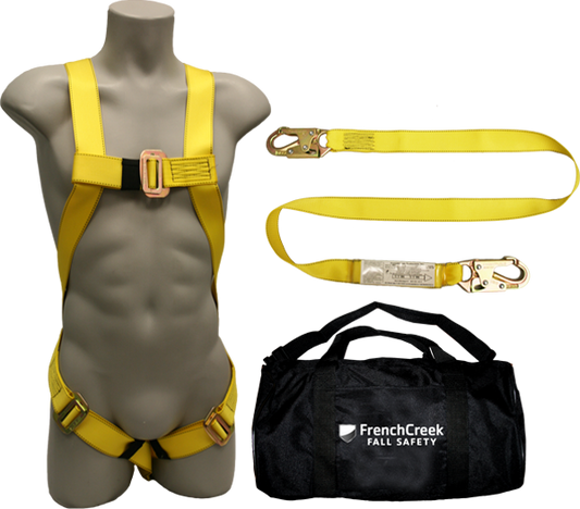631-KIT Full Body Harness, single back dorsal d-ring, pass-thru legs,  shock absorbing lanyard, and carry bag by FrenchCreek Production Yellow