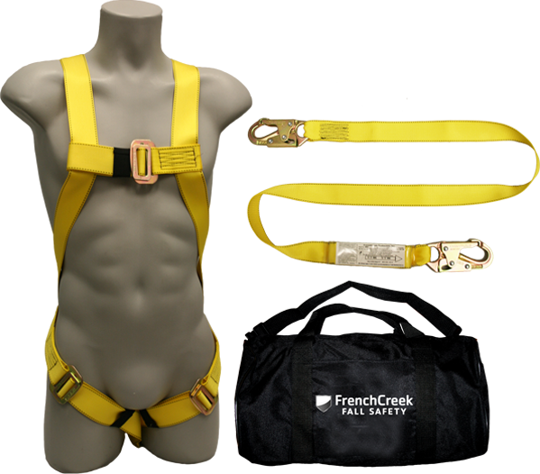 631-KIT Full Body Harness, single back dorsal d-ring, pass-thru legs,  shock absorbing lanyard, and carry bag by FrenchCreek Production Yellow