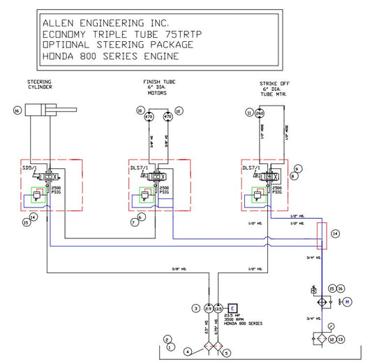 TRTP75 Hydraulic Schematic with Steering Leg Assembly Parts by Allen Engineering
