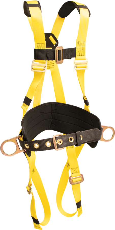 830AB Full Body Harness, single back dorsal d-ring, hip positioning d-rings, waist pad w/ removable tool belt, shoulder pads, Pass-thru buckle legs by FrenchCreek Production Yellow