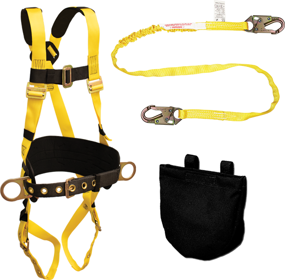 850AB-KIT Full Body Harness, single back dorsal d-ring, hip positioning d-rings, waist pad w/removable tool belt, shoulder pads, tongue buckle legs, shock absorbing lanyard and carry pouch by FrenchCreek Production Yellow