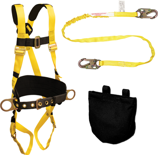 850AB-KIT Full Body Harness, single back dorsal d-ring, hip positioning d-rings, waist pad w/removable tool belt, shoulder pads, tongue buckle legs, shock absorbing lanyard and carry pouch by FrenchCreek Production Yellow
