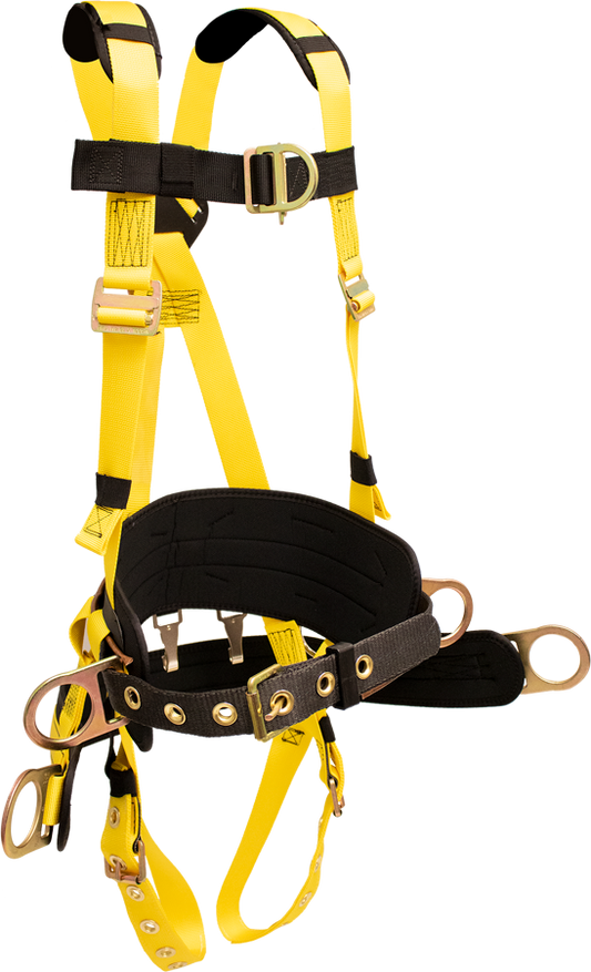 850ABTH Full Body Harness, back dorsal d-ring, hip positioning d-rings, chest d-ring, waist pad w/removable tool belt, removable suspension saddle with d-rings, shoulder pads, tongue buckle legs by FrenchCreek Production Yellow