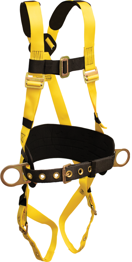 850AB Full Body Harness, single back dorsal d-ring, hip positioning d-rings, waist pad w/removable tool belt, shoulder pads, tongue buckle legs by FrenchCreek Production Yellow