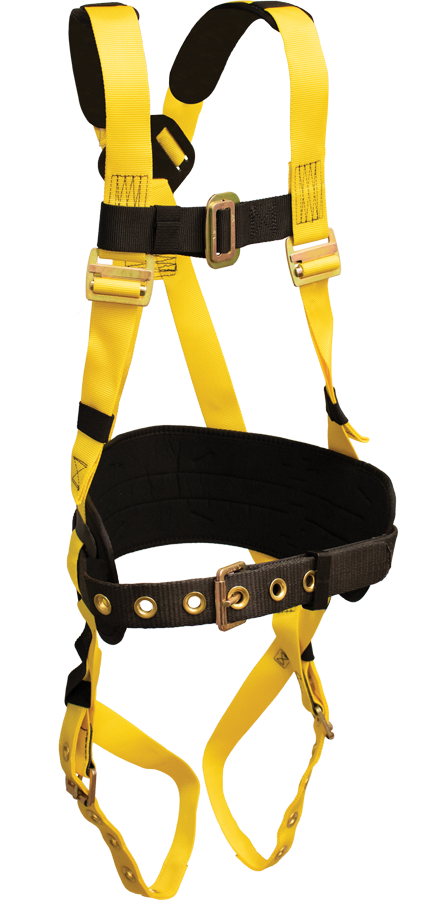 850A Full Body Harness, single back dorsal d-ring, tongue buckle legs, waist pad w/removable tool belt, shoulder pads by FrenchCreek Production Yellow