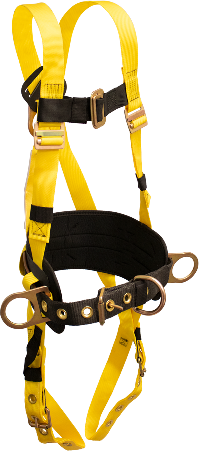 850B-TS Full Body Harness, single back dorsal d-ring, front waist d-ring, hip d-rings, comfort waist pad, removable tool belt, tongue buckle legs by FrenchCreek Production Yellow