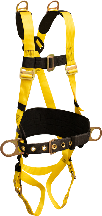 850BD Full Body Harness, single back dorsal d-ring, hip positioning d-rings, shoulder D-rings, waist pad w/removable tool belt, shoulder pads, tongue buckle legs by FrenchCreek Production Yellow