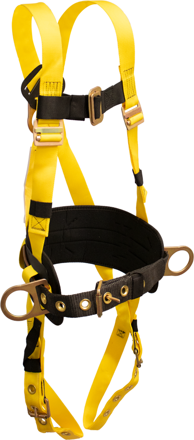 850B Full Body Harness, single back dorsal d-ring, hip positioning d-rings, waist pad w/removable tool belt,  tongue buckle legs by FrenchCreek Production Yellow