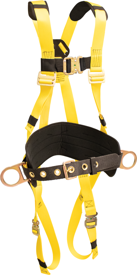 870AB Full Body Harness, single back dorsal d-ring, hip positioning d-rings, waist pad w/removable tool belt, shoulder pads, bayonet buckle legs by FrenchCreek Production Yellow