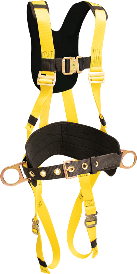 870BP Full Body Harness, single back dorsal d-ring, hip positioning d-rings, waist pad w/removable tool belt, comfort shoulder/back pad, bayonet buckle legs by FrenchCreek Production Yellow