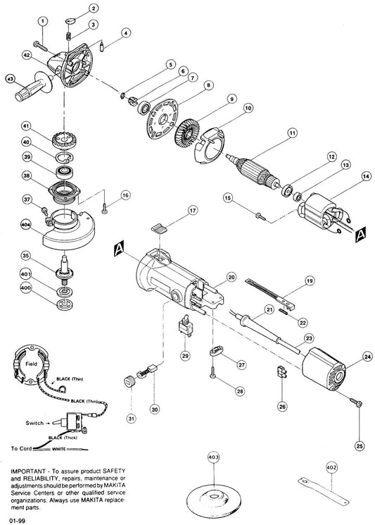 9523NBH, 9523NBHK Angle Grinder Assembly Parts By Makita