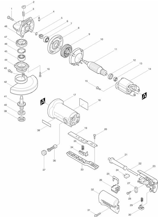 9527PB Grinder Assembly parts By Makita