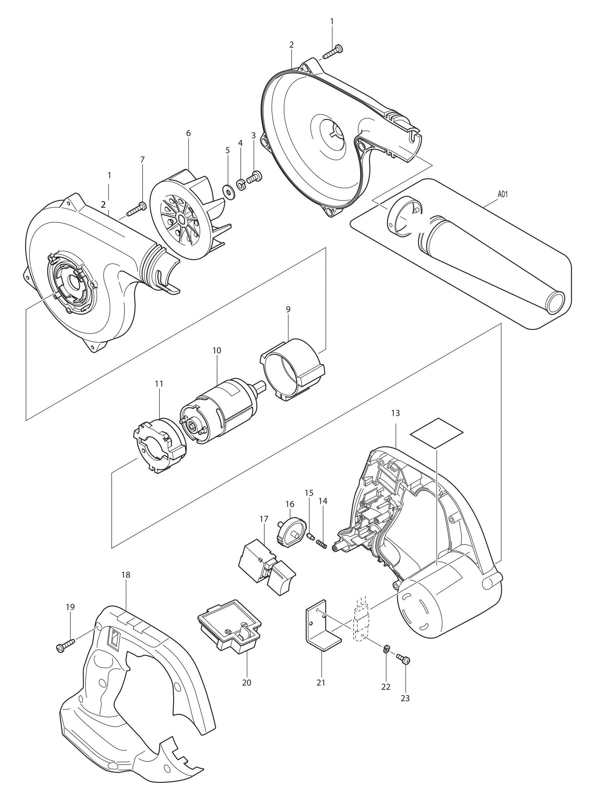 BUB182Z 18V Blower Assembly Parts By Makita