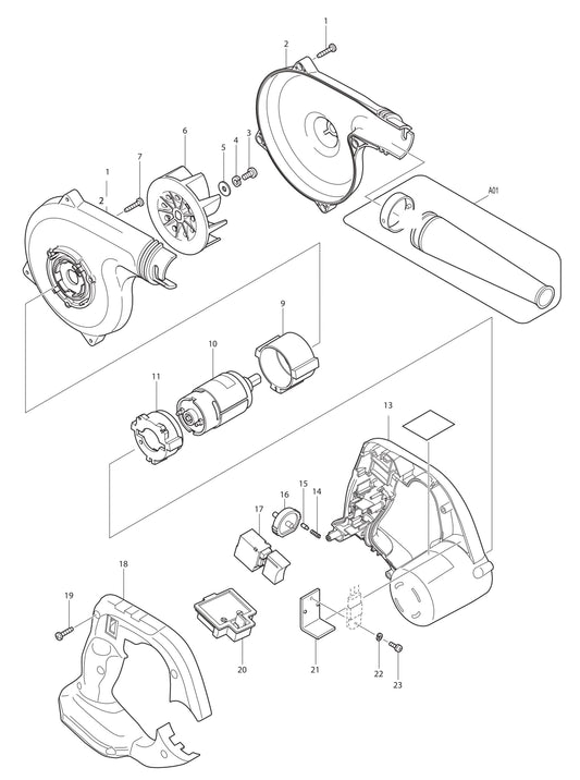 BUB182Z 18V Blower Assembly Parts By Makita