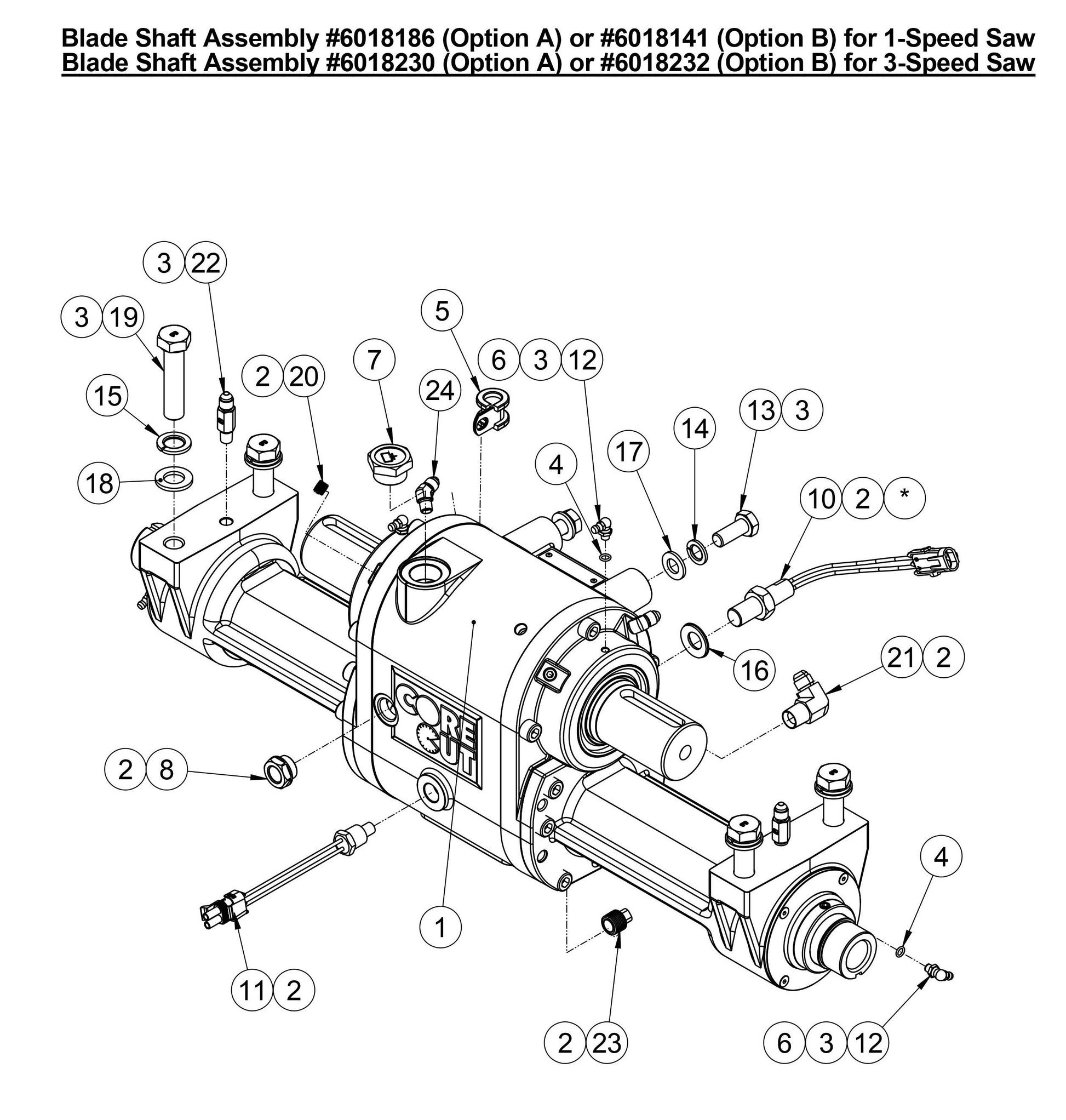 CC7574DD Blade Shaft Assembly (Option A) or (Option B) for 1 and 3 Speed Saw