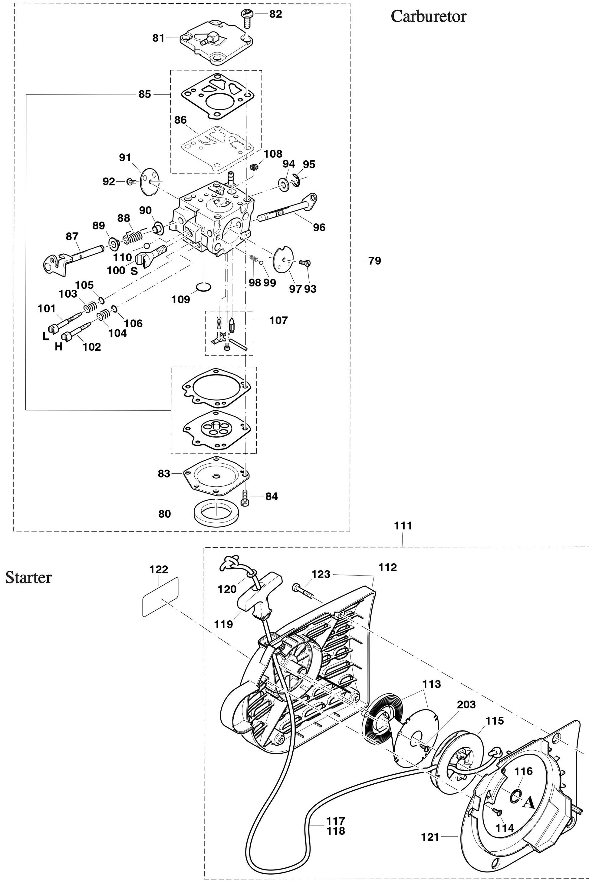 Carburetor And Starter Assembly parts for DPC6410, DPC6411, DPC7310, DPC7311, By Makita