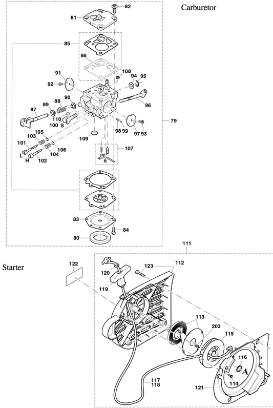 Carburetor And Starter Assembly parts for DPC6410, DPC6411, DPC7310, DPC7311, By Makita