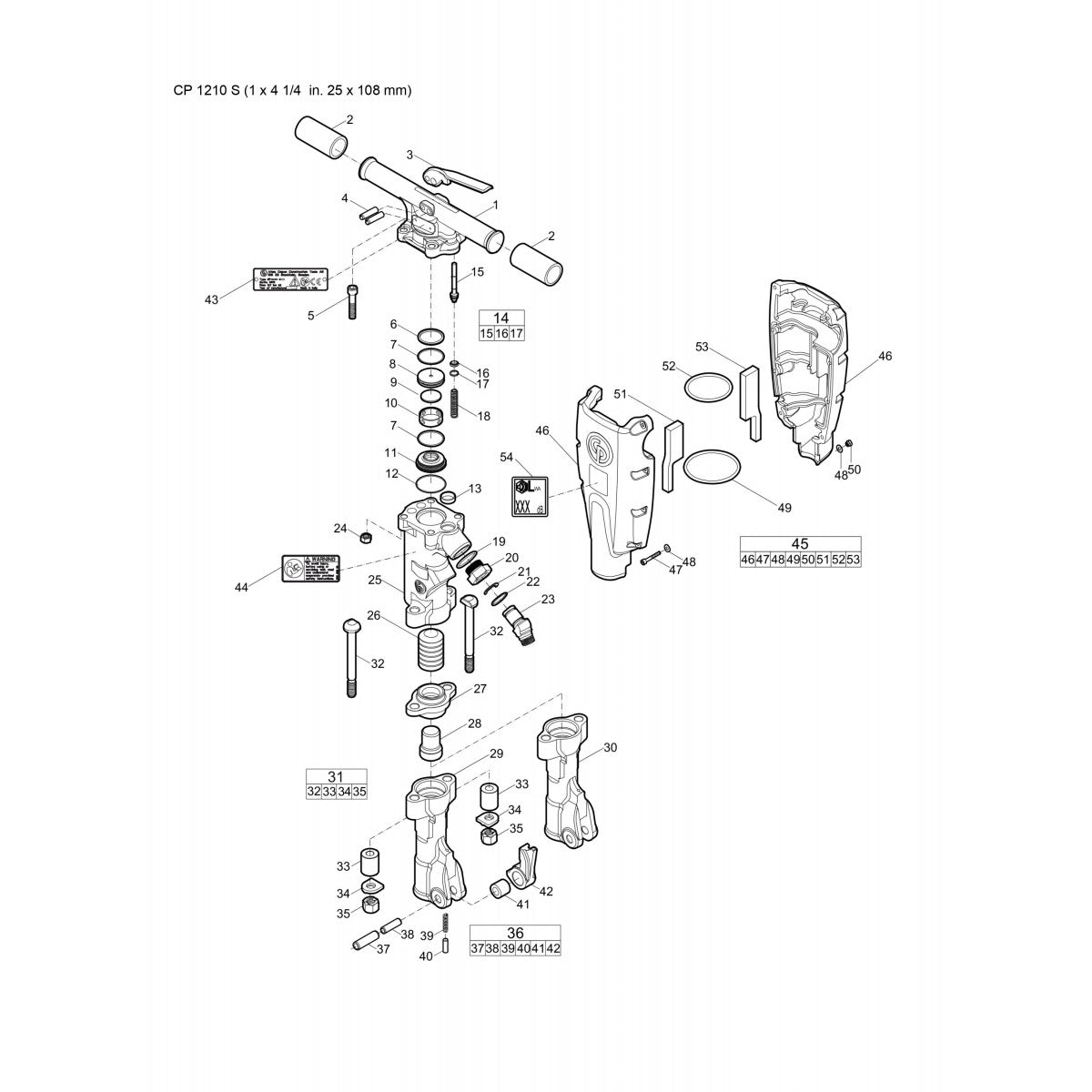 CP 1210 S (1 x 4 1/4 in. 25 x 108 mm) Pneumatic Breaker Parts  By Chicago Pneumatic