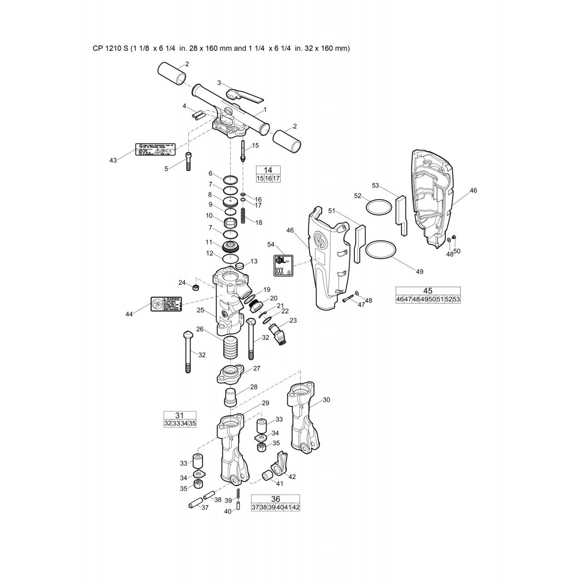 CP 1210 S (1 1/8 x 6 1/4 in. 28 x 160 mm and 1 1/4 x 6 1/4 in. 32 x 160 mm) Pneumatic Breaker Parts  By Chicago Pneumatic