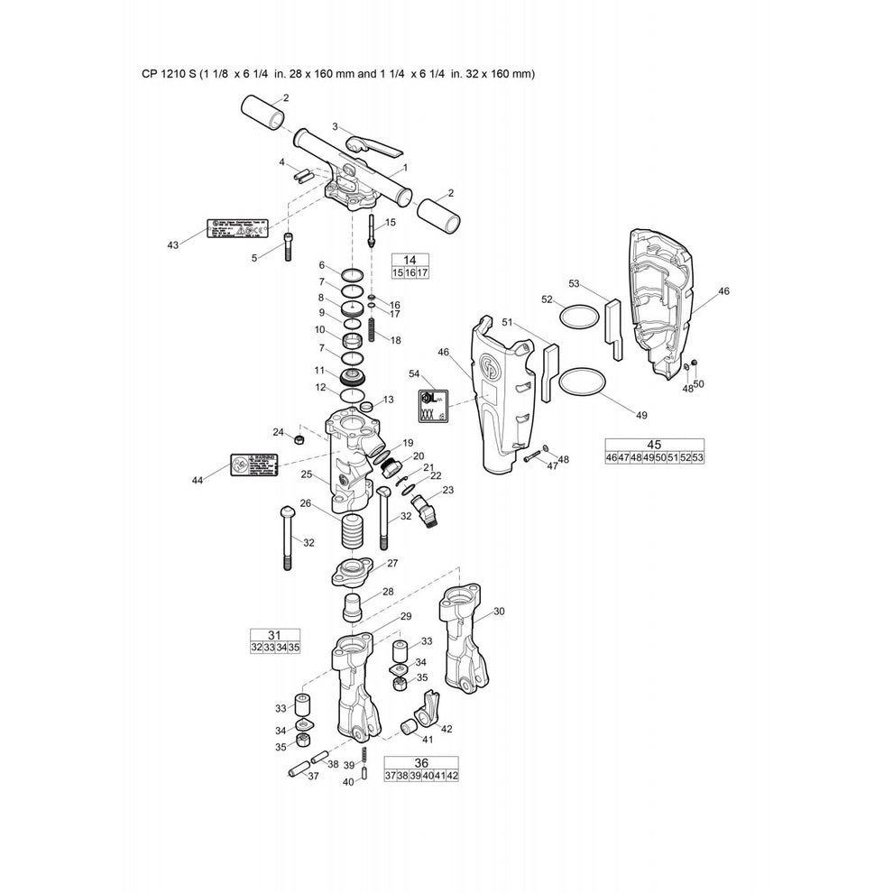 CP 1210 S (1 1/8 x 6 1/4 in. 28 x 160 mm and 1 1/4 x 6 1/4 in. 32 x 160 mm) Pneumatic Breaker Parts  By Chicago Pneumatic