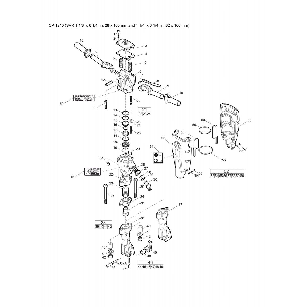 CP 1210 SVR (11/8 x 6 1/4 in. 28 x 160 mm and 1 1/4 x 6 1/4 in. 32 x 160 mm) Pneumatic Breaker Parts  By Chicago Pneumatic