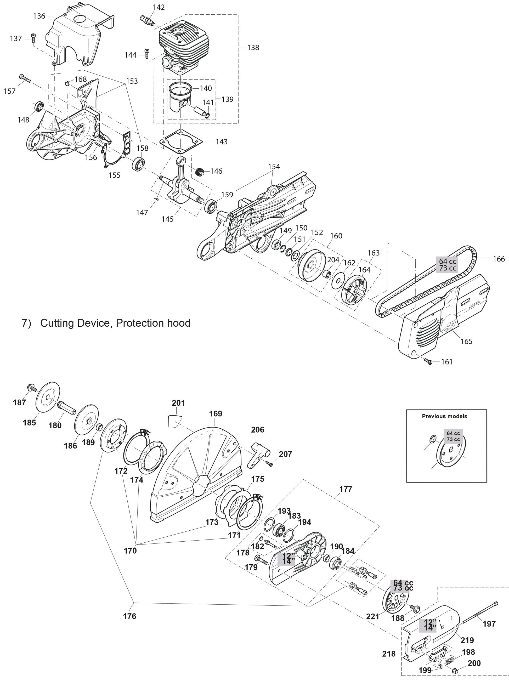 Cylinder, Crankshaft, Clutch, Cutting device, Protection Hood Assembly parts for DPC7321 Cutter By Makita