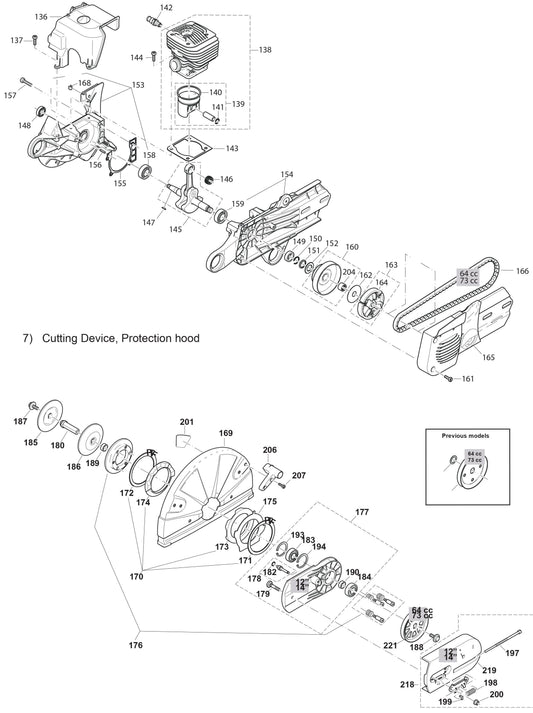 Cylinder, Crankshaft, Clutch, Cutting device, Protection Hood Assembly parts for DPC7321 Cutter By Makita