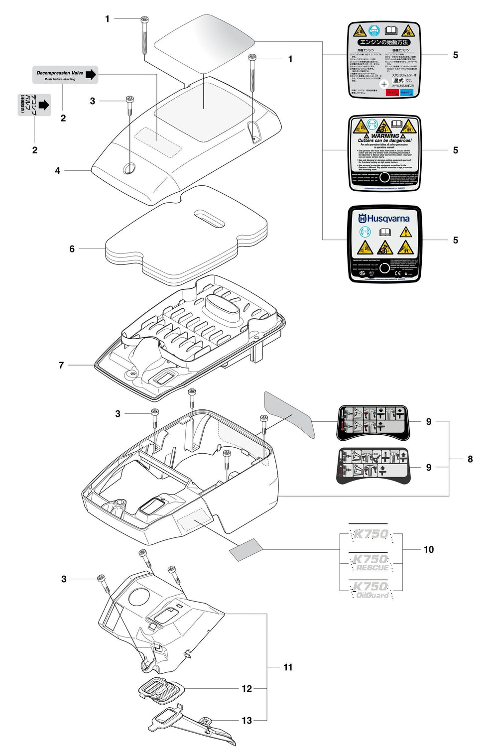 K750 Cylinder Cover Assembly Parts by Husqvarna