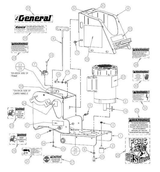 FCS16 Replacement Parts Diagram Main Frame Assembly FCS16 Generation III Floor Covering Scraper [Beginning with Serial Number 172811] Parts By General Equipment