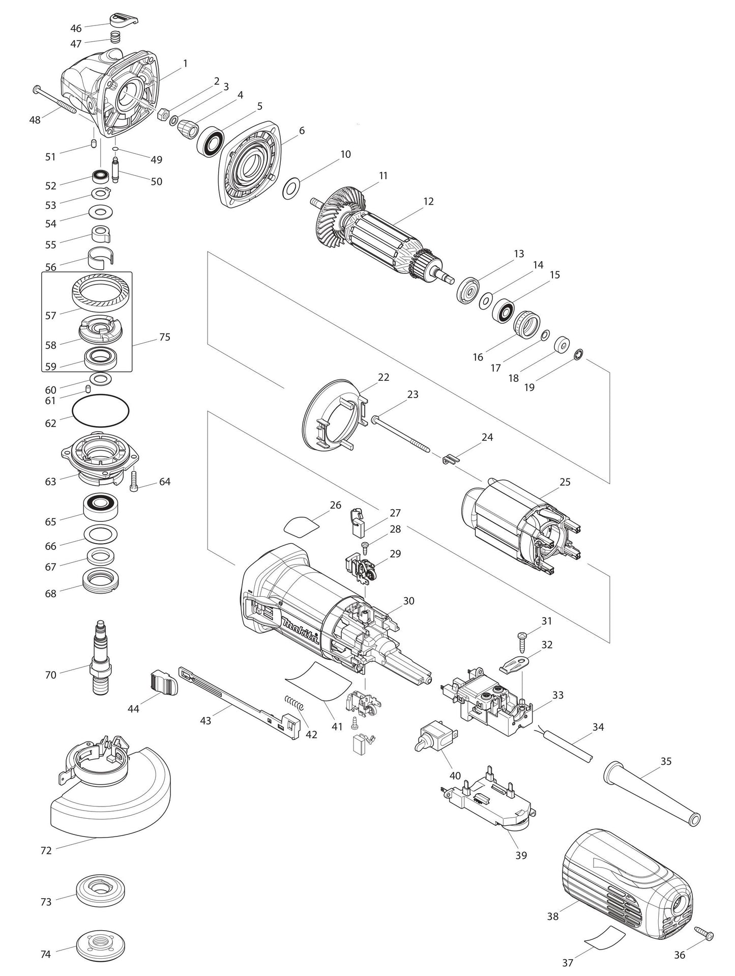 GA5042C, GA5042CX1 Angle Grinder Assembly Parts