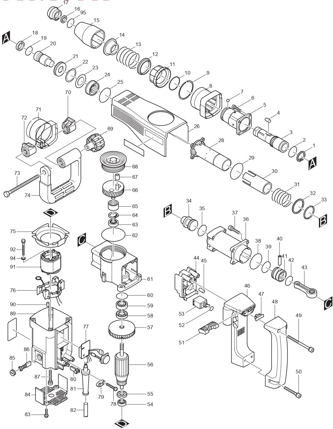 HM1100C Demolition Hammer assembly Parts By Makita