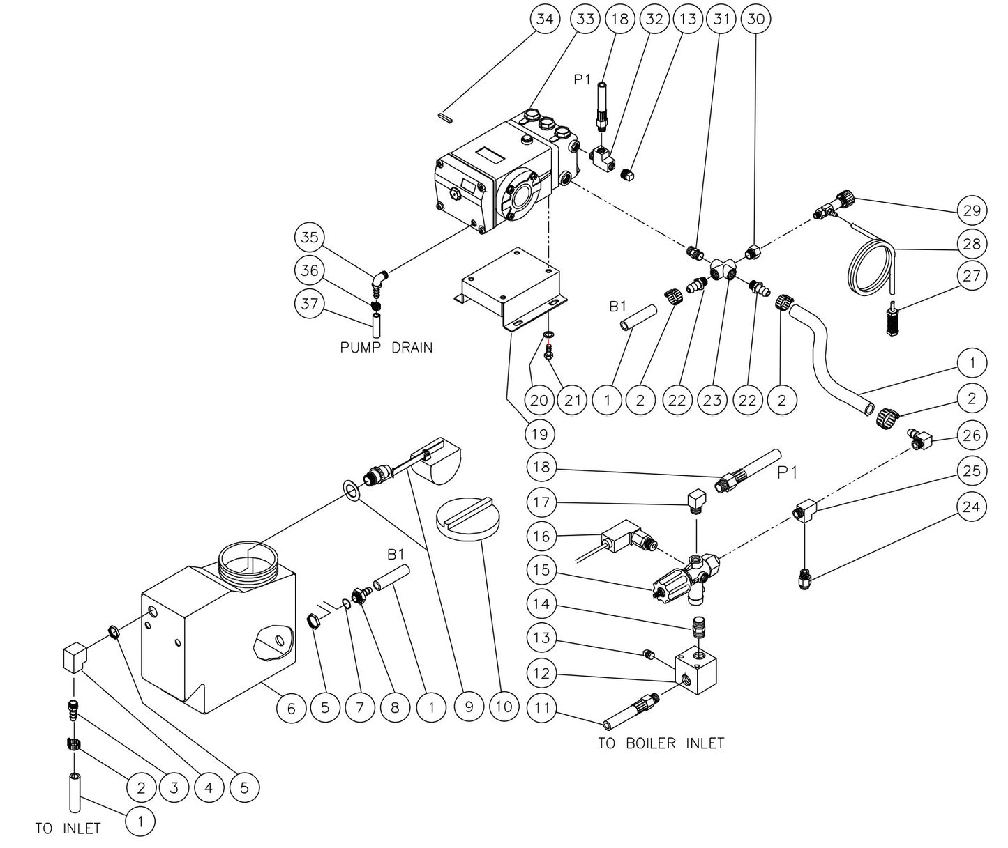 HSE-2504, HSE-3004, HSE-3504, DH-2504, DH-3004, DH-3504 (sn:15045001-15047915) Float Tank//Pump/Unloader Assembly Parts by Mi-T-M