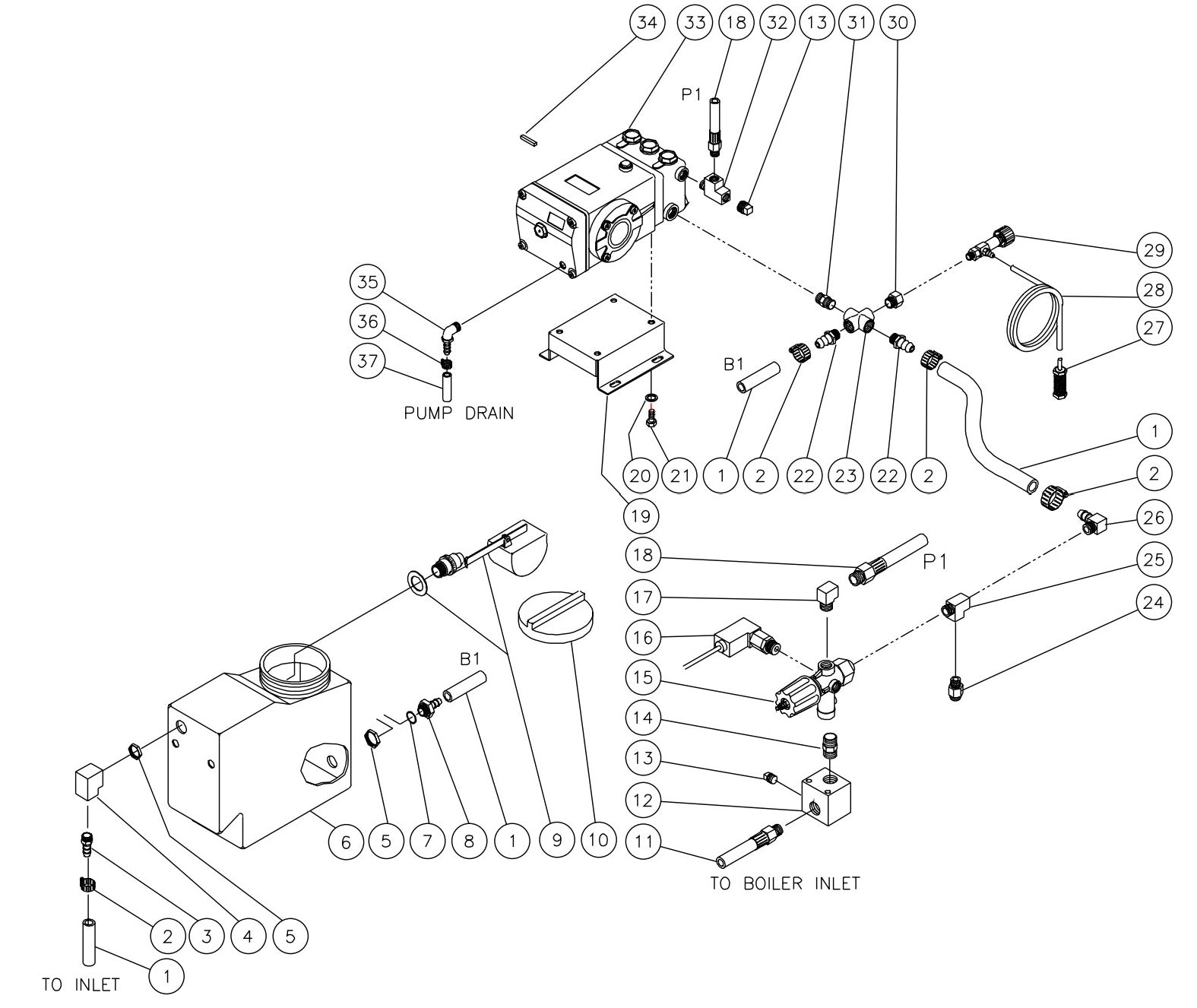HSE-2504, HSE-3004, HSE-3504, DH-2504, DH-3004, DH-3504 (sn:15045001-15047915) Float Tank//Pump/Unloader Assembly Parts by Mi-T-M