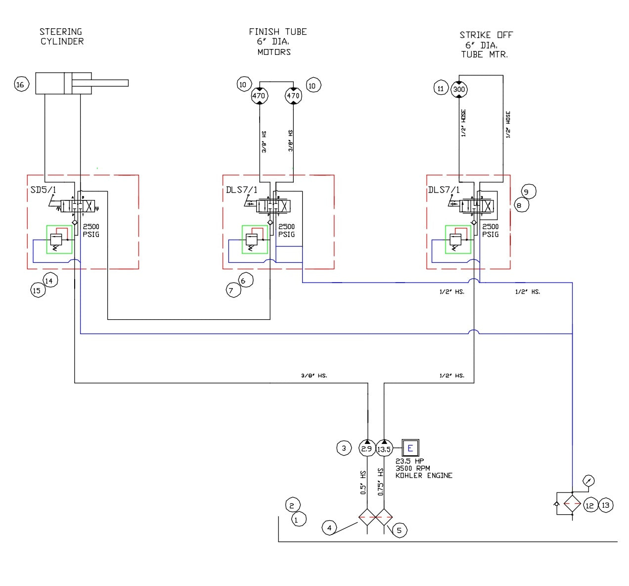 TRTP75 Hydraulic Schematic with Steering Leg Assembly Parts by Allen Engineering