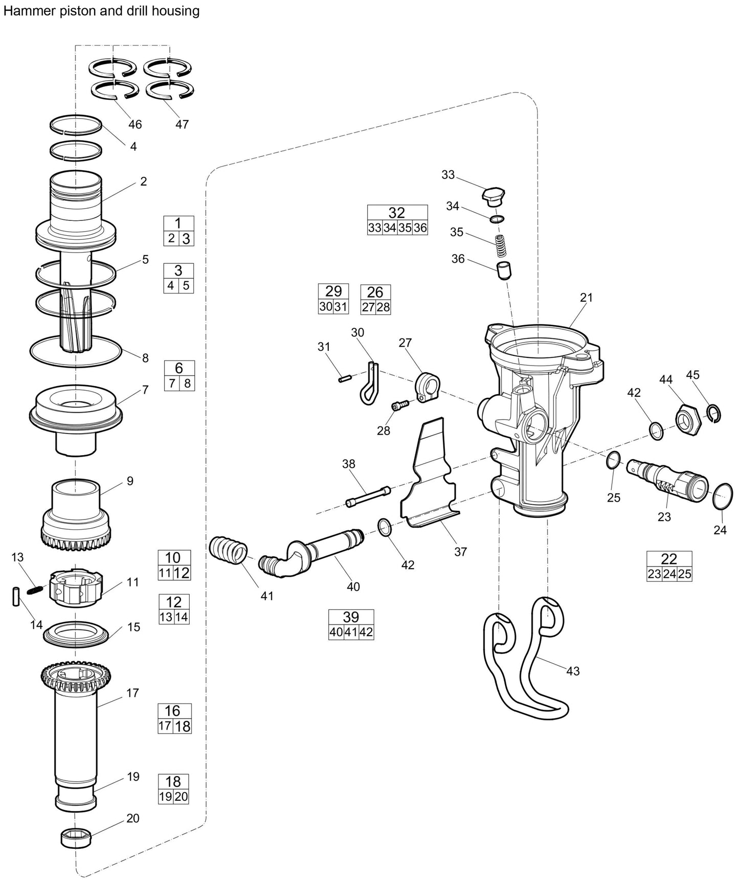 Hammer piston and drill housing
