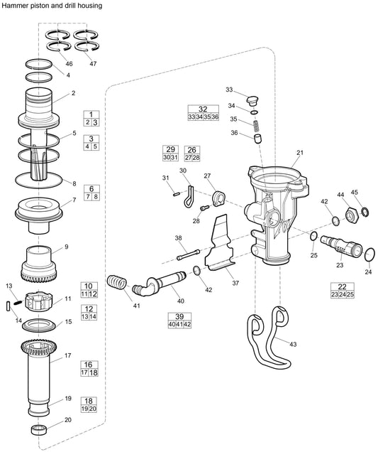Hammer piston and drill housing