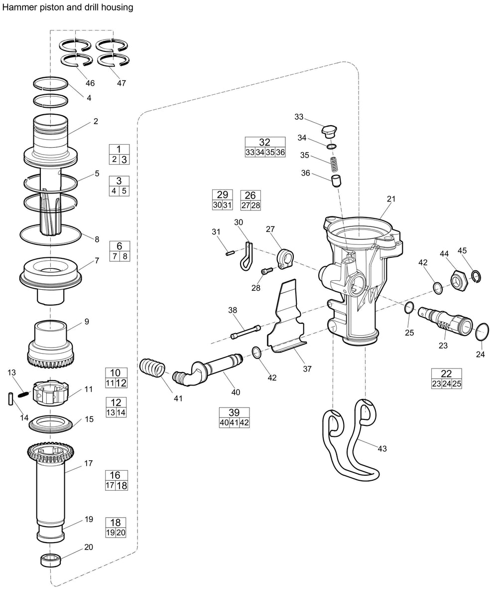 Hammer piston and drill housing