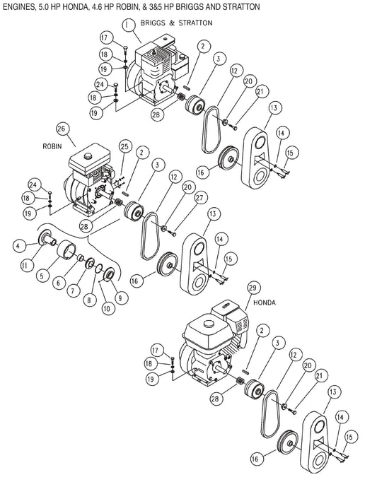 J-Series Engines, 5.0 HP Honda, 4.6 HP Robin, 3&5 HP Briggs & Stratton Assembly Parts