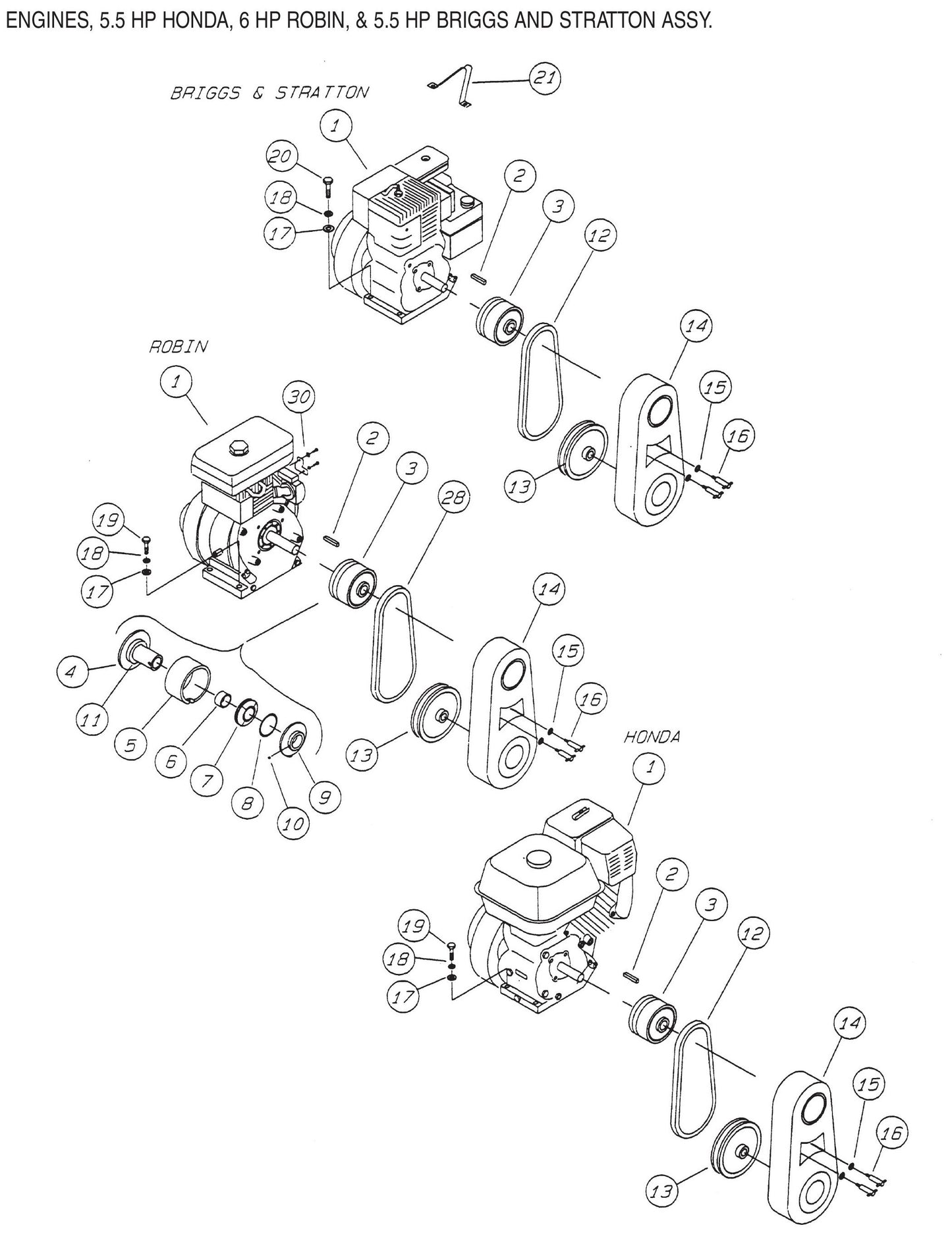 JA-Series Engines, 5.5 HP Honda, 6 HP Robin, 5.5 HP Briggs & Stratton Assembly Parts