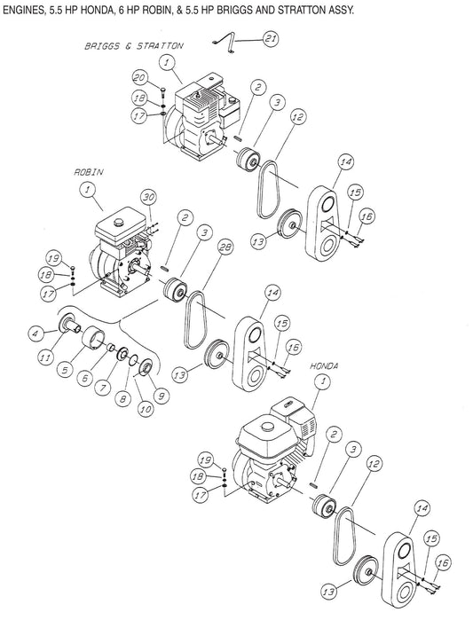 JA-Series Engines, 5.5 HP Honda, 6 HP Robin, 5.5 HP Briggs & Stratton Assembly Parts