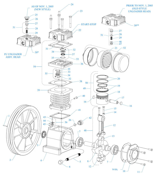 Model F & FU One Cylinder Single Stage 2-1/2" Bore X 1-3/4" Stroke Assembly Parts by Jenny