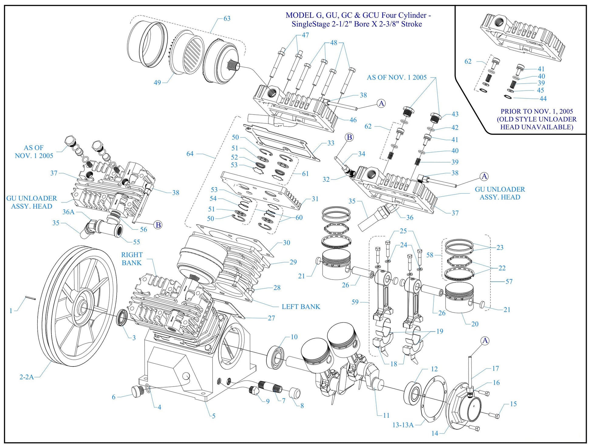 G13HGA-17P-3000W Model G, GU, GC & GCU Four Cylinder - Single Stage 2-1/2" Bore X 2-3/8" Stroke Assembly Parts By Jenny